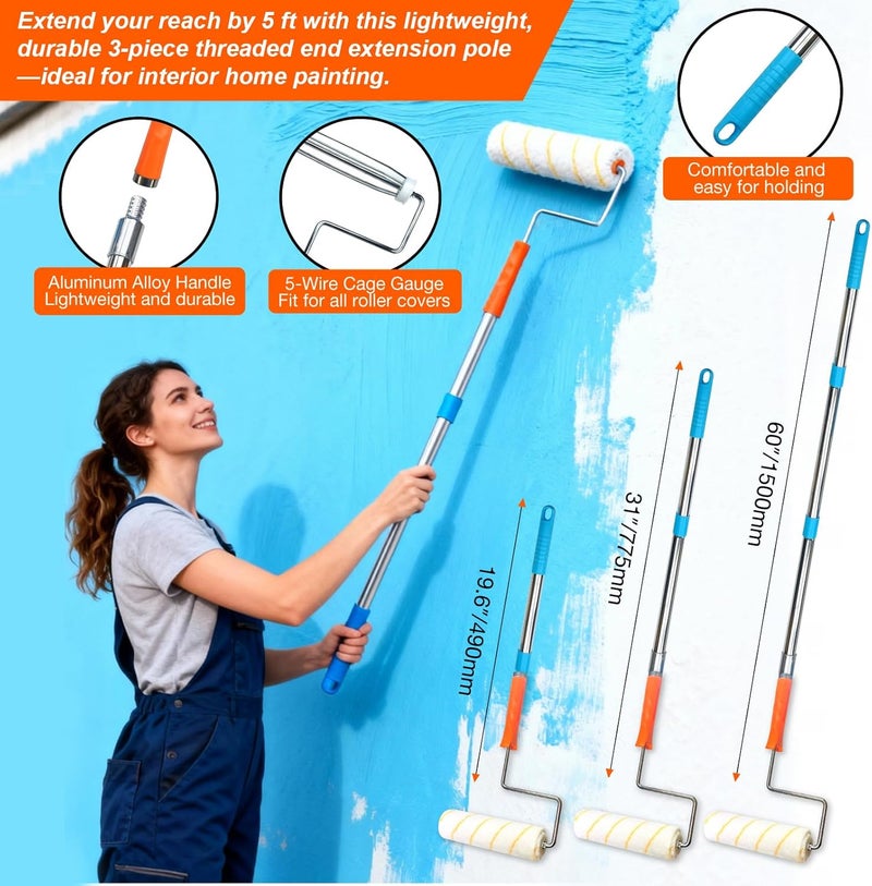 KingOrigin King Origin 10-Piece Paint Roller Kit with Extension Pole (5 ft), 9" Paint Roller Covers, Roller Frame, Paint Brush, House Paint Supplies for Painting Walls, Home Interior - Image 3